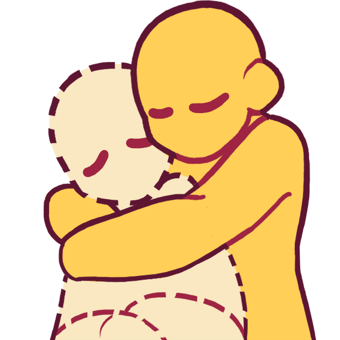 An emoji yellow figure hugging a second figure. the second figure is partly transparent. both figures have closed sad eyes.